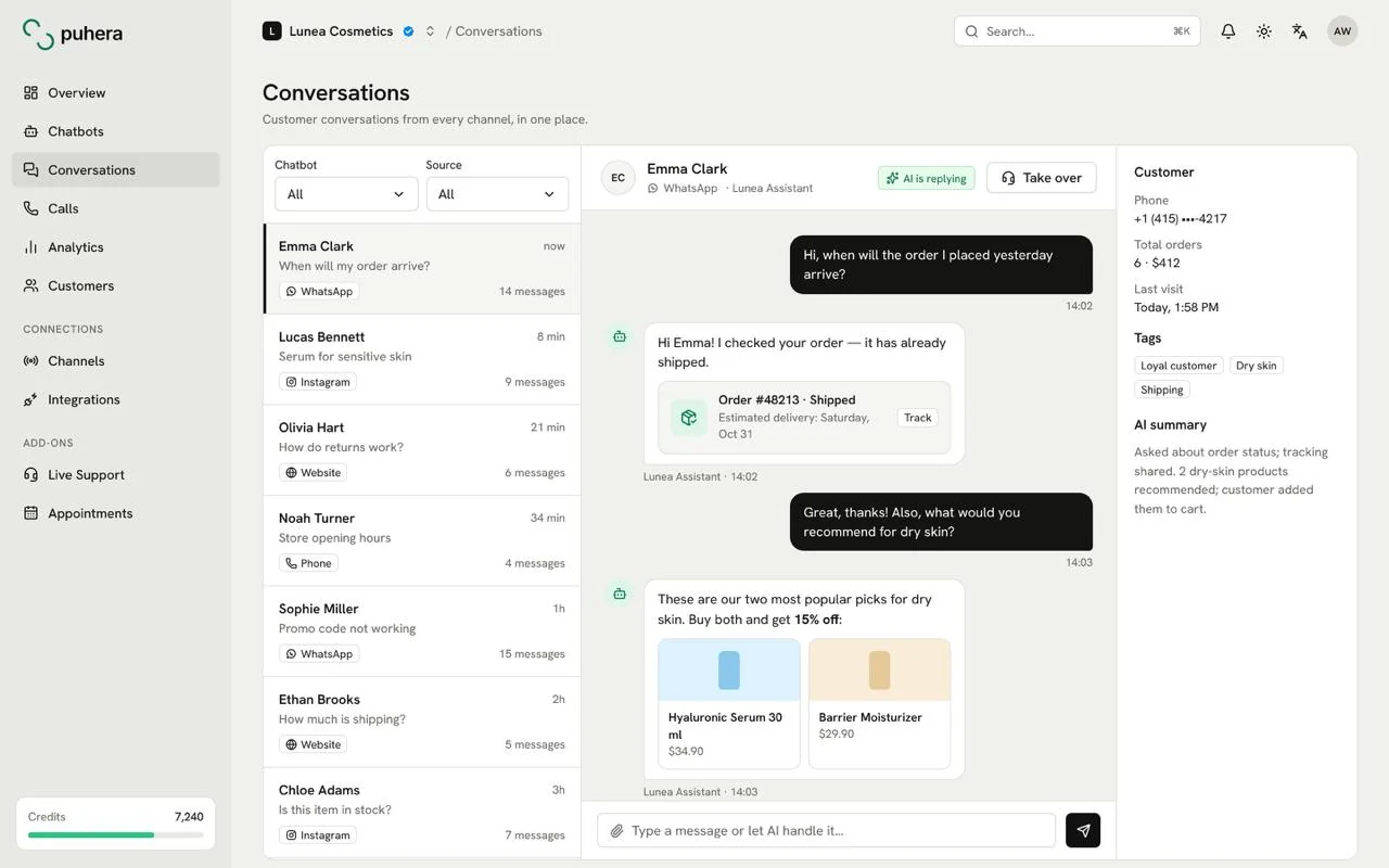 Puhera conversations screen: the bot answering an order question from WhatsApp, with recommended product cards