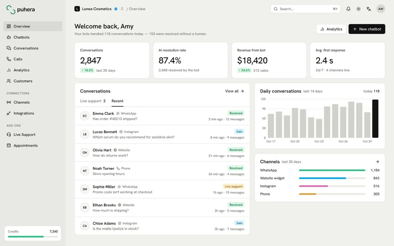 Puhera panel overview: conversation count, AI resolution rate, revenue the bot brought in, daily conversations chart and channel breakdown